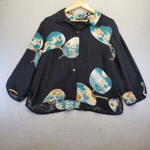 Citron Santa Monica Silk Blouse L Black Floral Jacquard Asian Fan Art To Wear
